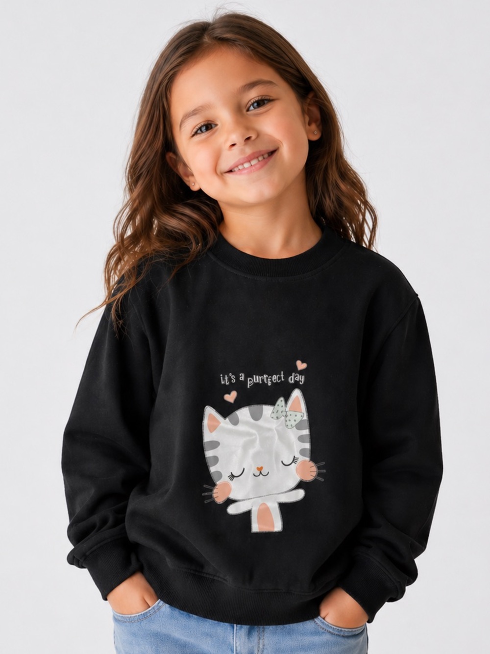 Girls Black Cat “It’s a Purrfect Day” Sweatshirt 4T Graphic Long Sleeve Crewneck